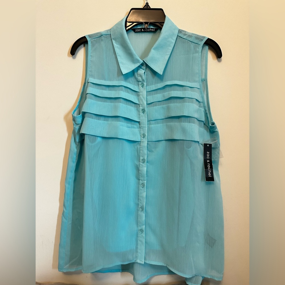NWT Zac & Rachel Sleeveless Sheer Aqua Ruffle Button-Front Blouse
